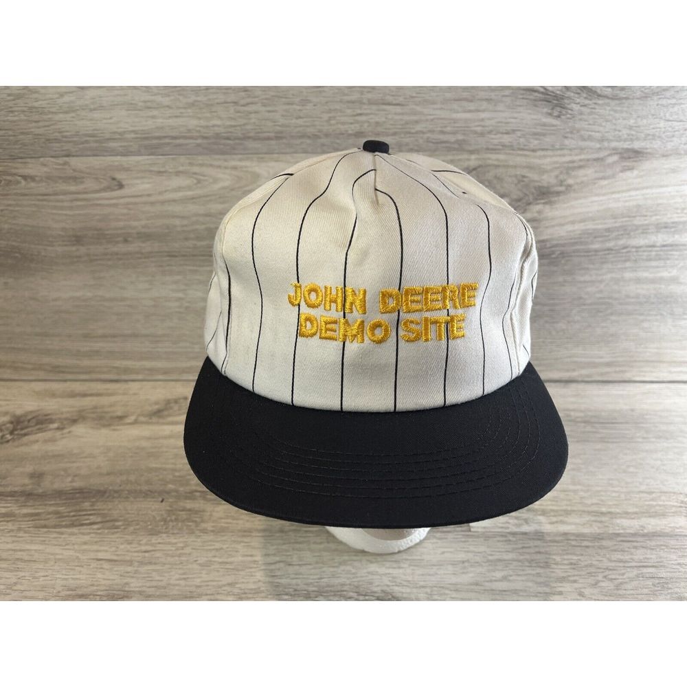 VTG John Deere Hat Snapback Cap Mens White USA Made Demo Site Pinstripes‎